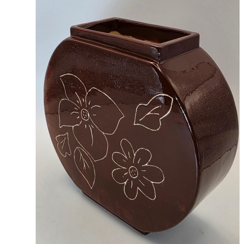 Vintage Signed MJB Brown Ceramic Studio Art Pottery Floral Etched Moon Vase MCM